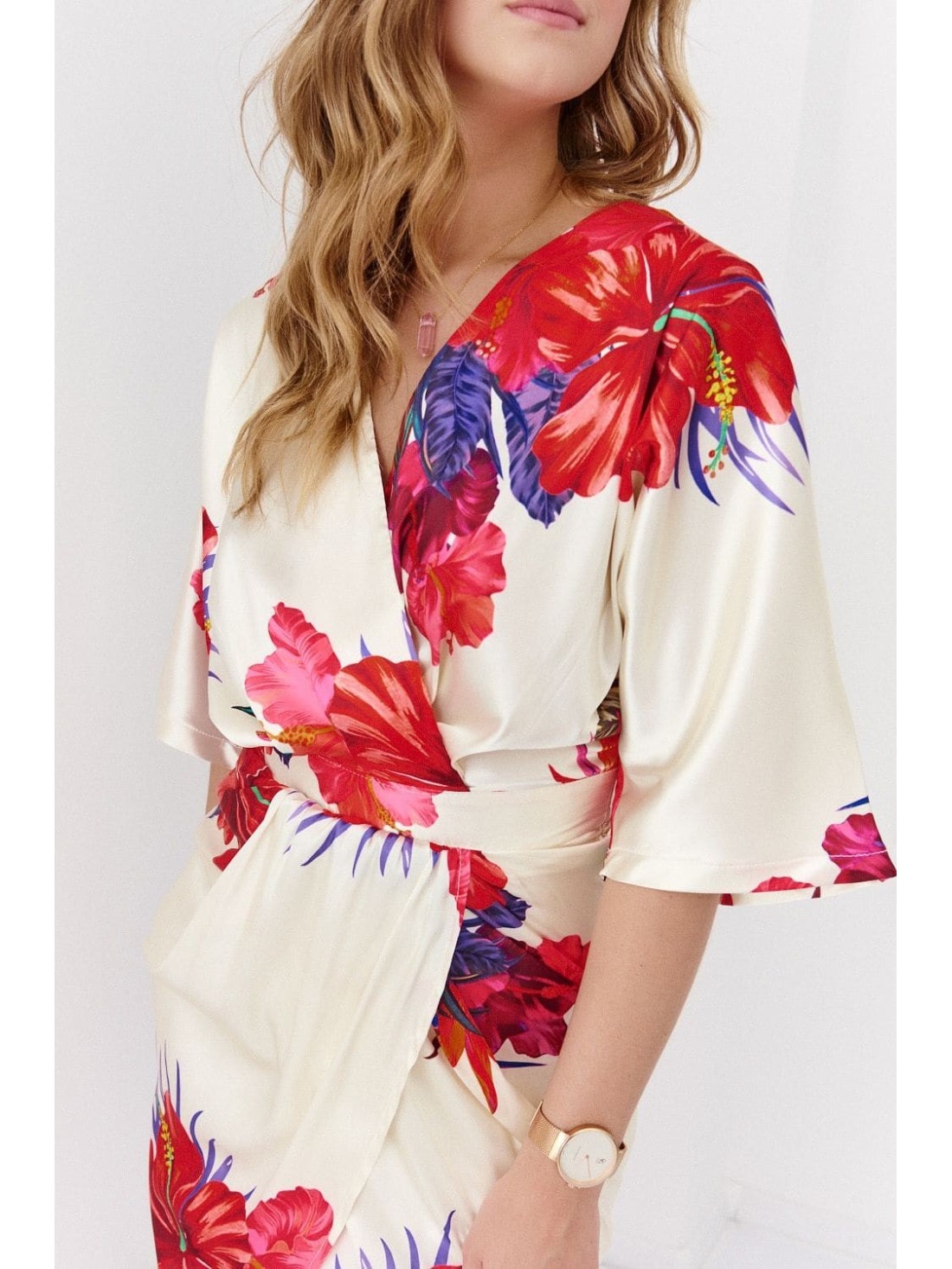 Satin tulip dress with flowers, cream and red 32750 - Online store - Boutique